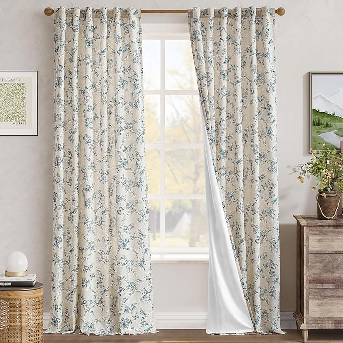 jinchan Floral Curtains Lined Linen Blend Curtain for Living Room 96 Inch Length Blue Flower Patterned Curtain French Country Farmhouse Curtains Drapes Back Tab Rod Pocket 2 Panels