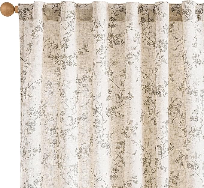 Lazzzy Grey Floral Linen Curtains 84 Inch Length Farmhouse Curtain Back Tab Drapes for Living Room Bedroom Light Filtering Vintage Rod Pocket Curtains, 2 Panels, Gray on Beige