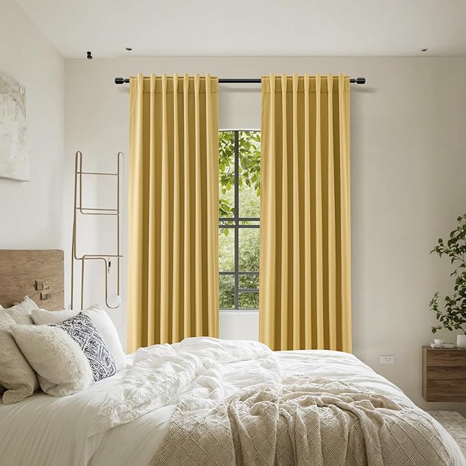 Guken 100% Blackout Curtains 90 Inch Length 2 Panels Set for Living Room Bedroom Back Tab Thermal Insulated Black Out Linen Drapes Room Darkening Window Curtains 90 Inches Long,Gold