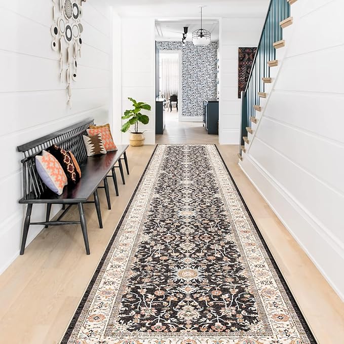TOPRUUG Washable Runner Rug 2x12 - Hallway Runner Rug Kitchen Rugs and Mats Non Skid Washable Waterproof Carpet Runner for Living Room Bedroom Bathroom (Black, 2X12)