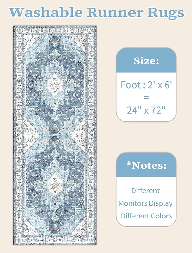 SERISSA Boho Washable Runner Rug, 2x6 Rug Non-Slip Vintage Blue Hallway Kitchen Runner Rug Ultra Soft Print Distressed Floor Carpet for Bedroom Bathroom Laundry Living Room