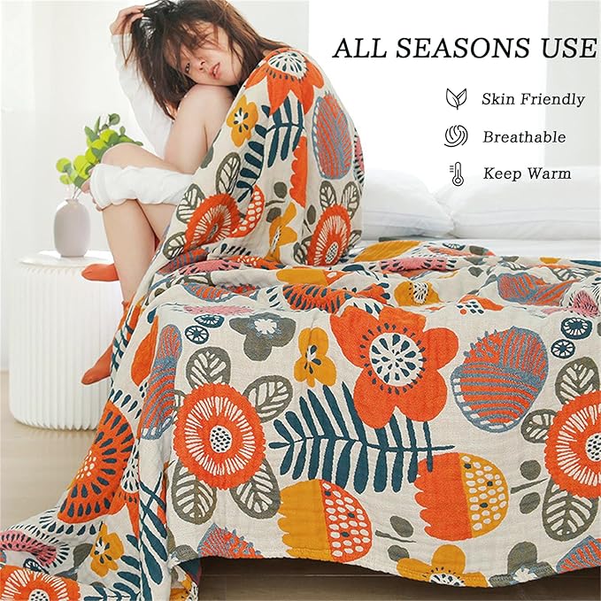 MSGKV Cotton Throw Blanket for Couch Bed 90''x98'', Floral Soft Farmhouse Blanket Spring Decorative Quilt Gifts for Women Muslin