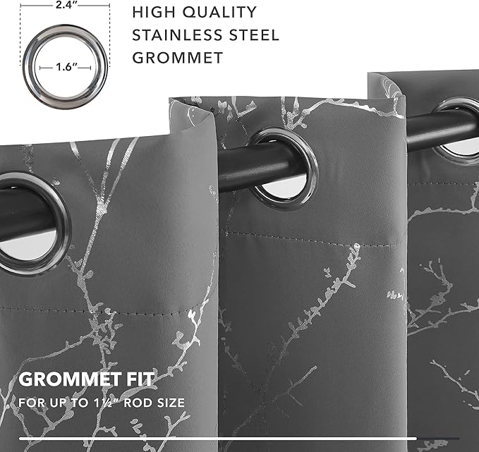Deconovo Grey Blackout Curtains for Bedroom, Thermal Insulated Soundproof Drapes, Silver Branch Foil Print, 42 x 84 Inches Long, 2 Panels, Machine‑Washable Grommet Window Panel for Living Room Office