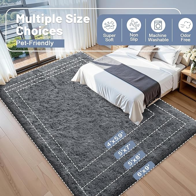 OLANLY 6x10 Machine Washable Large Area Rugs for Living Room, Bedroom, Soft Fluffy Shaggy Bedside Rug, Indoor Floor Carpet for Kids Girls and Boys, Dorms, Nursery, Home Decor Aesthetic, Grey