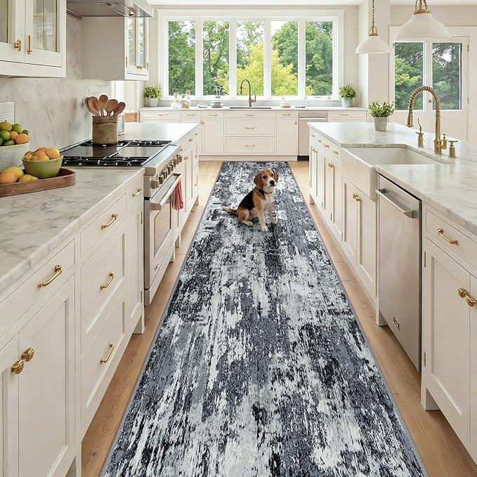 Washable Area Rugs 3x12 Non-Slip Modern Abstract Soft for Living Room Entryway Bedroom Nursery, Print Pattern, Black Navy Blue Gray