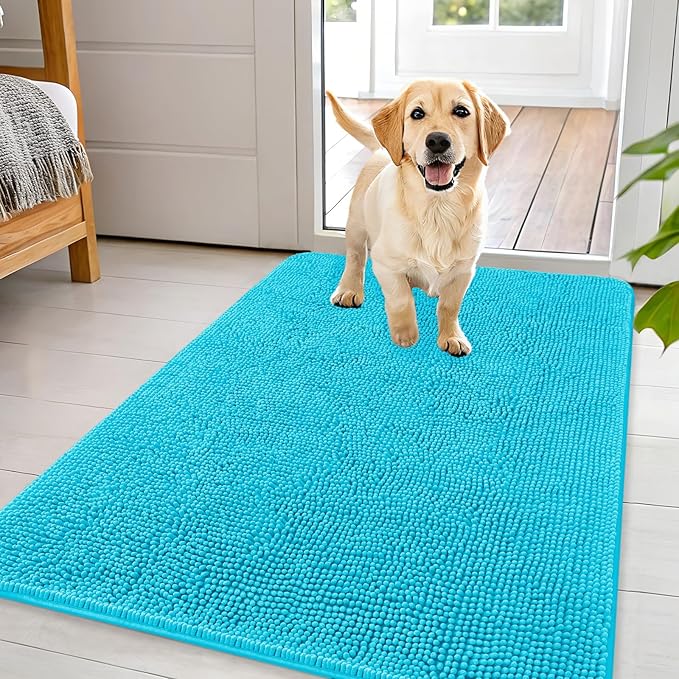 OLANLY Dog Door Mat for Muddy Paws 44x32, Absorbs Moisture and Dirt, Absorbent Non-Slip Washable Doormat, Quick Dry Chenille Mud Mat for Dogs, Entry Indoor Entryway Carpet for Inside Floor, Aqua Blue