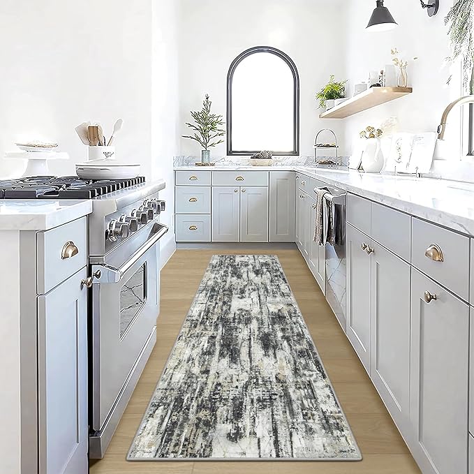 2'6''x8' Runner Rugs Washable Rug: Modern Abstract Hallway Runner Rug Indoor Soft Low Pile Thin Carpet Anti-Skid Non-Shedding Carpets for Kitchen, Entryway, Laundry, Bedroom - Black Grey Gold