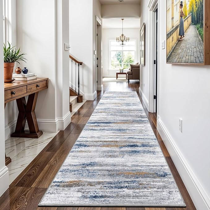 3x16 Washable Hallway Runner Rug: Extra Long Runners for Entryway Living Room Dining Room - Stain and Water Resistant Rugs with Non-Slip Backing - Soft Low-Pile Carpet 16ft Navy Grey