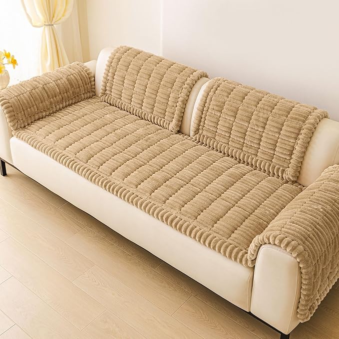 hyha Couch Covers for Dogs Washable, Non Slip Plush Dog Sofa Protectors, Fuzzy Pet Couch Covers for 3 Cushion Sofa Pet Friendly (Camel, 27.6" x 47")