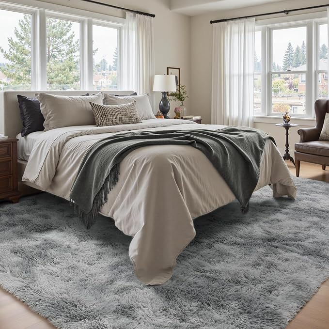 9x12 Ft Extra Large Shag Rugs for Living Room, Tie Dyed Ultra Soft Fluffy Furry Area Rugs for Bedroom Indoor Floor, Aesthetic Carpet for Kids Home Decor (Grey)