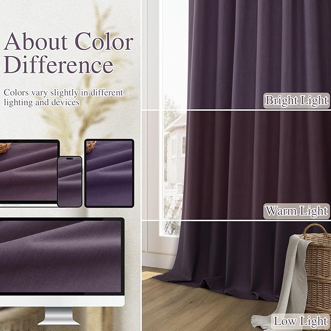Guken 100% Blackout Curtains 108 Inch Length 2 Panels Set for Living Room Bedroom Back Tab Thermal Insulated Black Out Linen Drapes Room Darkening Window Curtains 108 Inches Long,Plum
