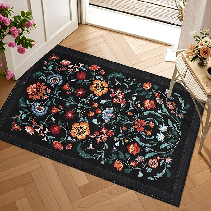 Floral Rug for Entryway 2x3 Rugs Machine Washable Boho Small Area Rug Non-Slip Low-Pile Front Door Soft Mat for Entrance, Bedroom, Kitchen, Laundry, Bathroom, Black