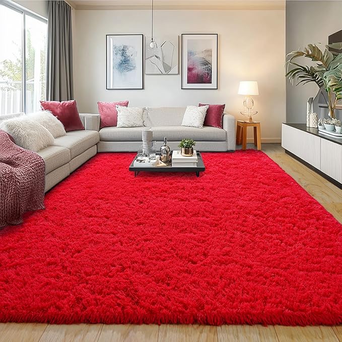 Pionblank 8x10 Rug for Living Room, Fuzzy Plush Large Area Rug, Fluffy Modern Shag Non Slip Soft Furry Carpet for Bedroom Kids Room Nursery Teens Dorm Home Decor, Red