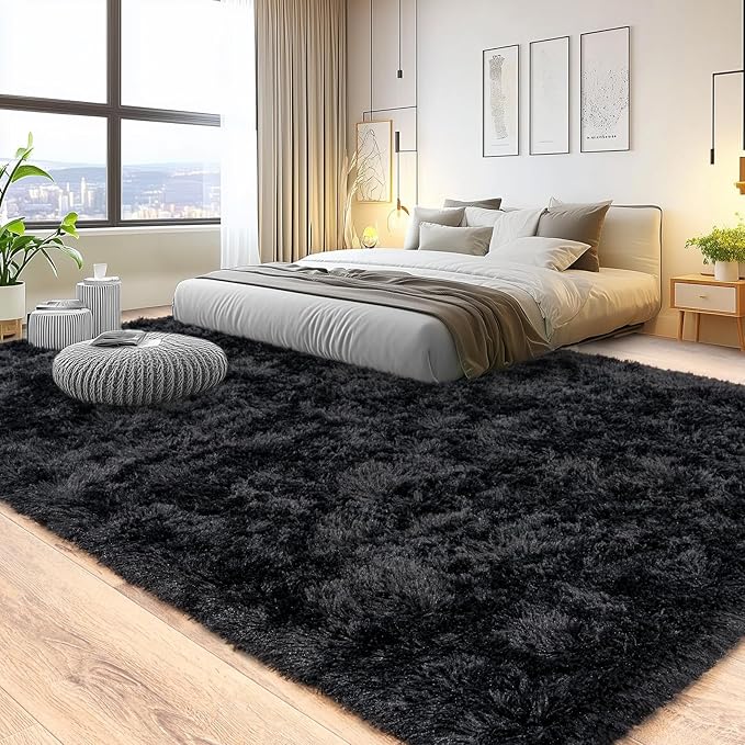 Pionblank 9x12 Area Rug, Large Area Rug for Living Room, Shag Rug for Bedroom, Soft Furry Non Slip Carpet for Kids Room Nursery Teens Dorm Home Decor, Black