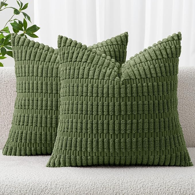 MIULEE Pack of 2 Spring Corduroy Decorative Throw Pillow Covers 20x20 Inch Soft Boho Striped Pillow Covers Modern Farmhouse Home Decor for Summer Sofa Living Room Couch Bed Moss Green