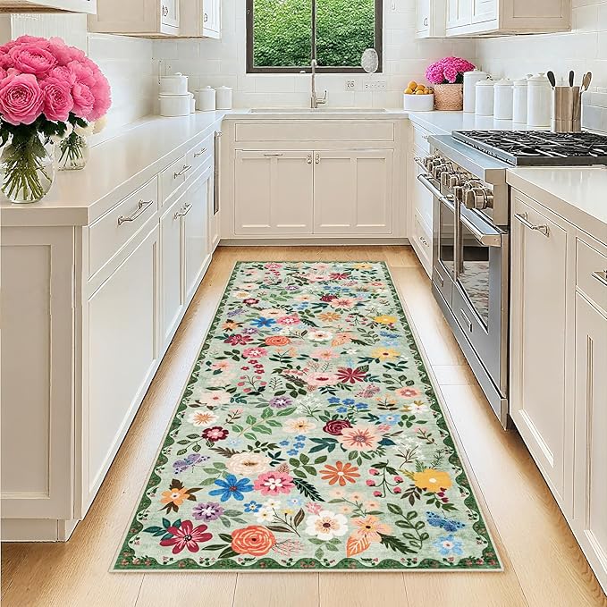 Runner Rug for Entryway: 2x6 Kitchen Rugs Non Slip Washable Ultra-Thin Soft Floral Carpet Indoor Floor Stain Resistant Carpets for Hallway Bedroom Kitchen Laundry Bathroom Dorm Green