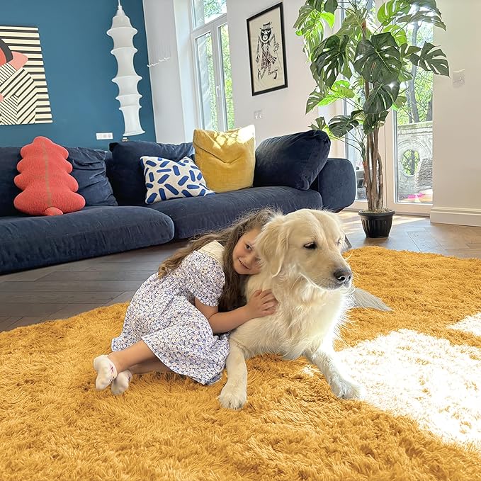 OLANLY 2x5 Machine Washable Runner Rugs for Hallway, Soft Fluffy Shaggy Bedside Rugs for Bedroom, Living Room, Indoor Floor Carpet for Kids Girls and Boys, Home Decor Aesthetic, Mustard Yellow