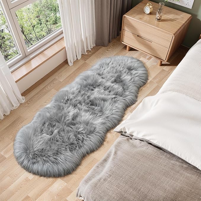 Ciicool Ultra Soft Faux Sheepskin Fur Rug Fluffy Rug for Bedroom Fuzzy Carpet for Living Room Kid's Room Nursery Decor, Grey 2 x 6 Feet