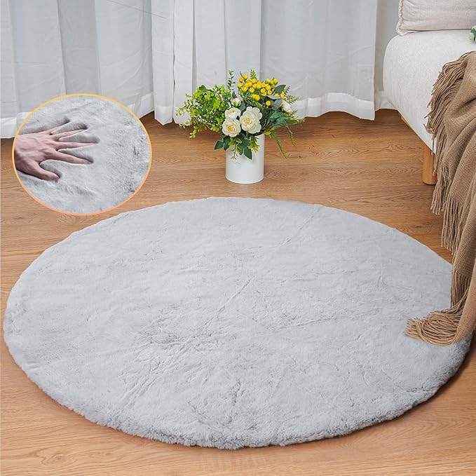 ORINOVA Round Furry Rugs for Living Room Faux Rabbit Fluffy Fur Rug for Bedroom Washable Area Rugs Boho Circle Rug Grey Shag Rug 4ft