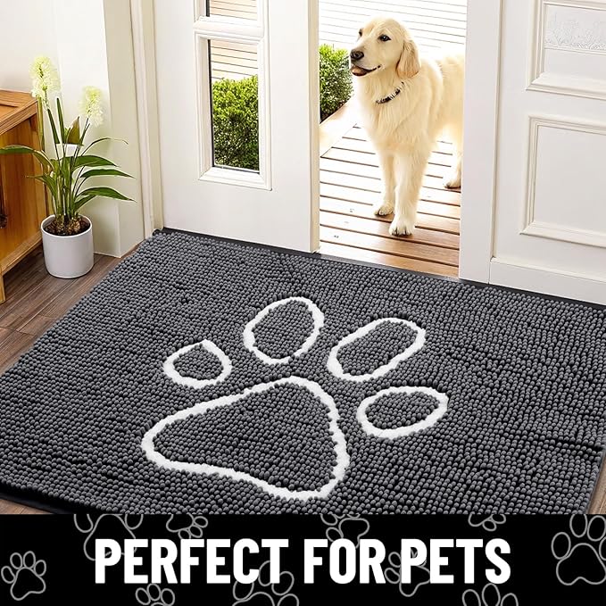 Smiry Dog Door Mat for Muddy Paws, Absorbent Dirt Trapper Non Slip Quick Dry Washable Chenille Mat for Mud Dogs, Entry Rug for Indoor and Outdoor (59x32 Inches, Dark Grey and White)