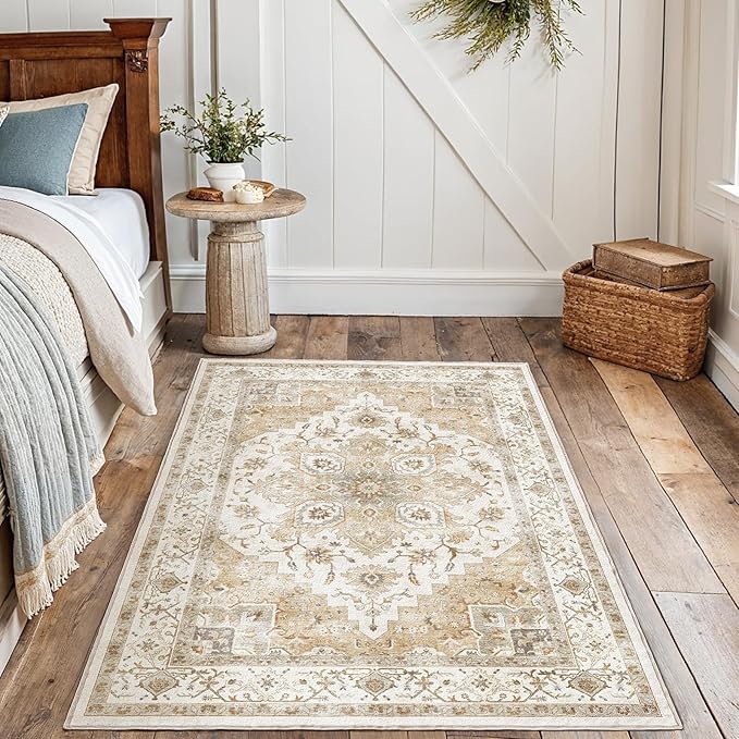 AMADA HOMEFURNISHING 4x6 Washable Area Rug, Low-Profile Entryway Rug with Non-Slip Backing & Durable Edge Binding, Vintage Rugs for Bedroom, Entryway & Kitchen