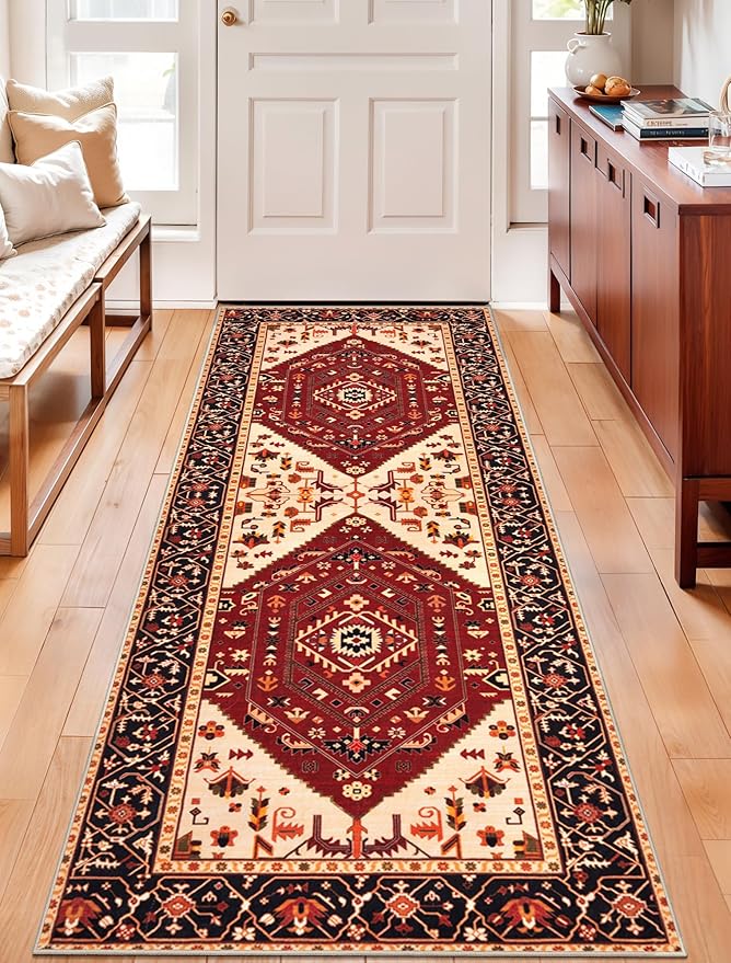 SERISSA Boho Washable Runner Rug, 2x5 Rug Runner Non-Slip Vintage Red Black Hallway Kitchen Runner Rug Ultra Soft Print Distressed Floor Carpet Runner for Bedroom Bathroom Laundry Living Room