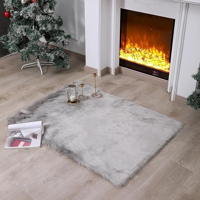 linmopm Faux Fur Rug Sheepskin Shag Fluffy Fuzzy Grey 3x4 ft Rugs for Bedroom Bedside Bed Floor Living Room Plush Rectangle High-Density Cushion Carpet Super Sofa Cover