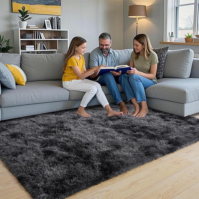 Pionblank Fluffy Area Rug for Bedroom 4x6 Feet, Indoor Plush Carpet, Shag Soft Bedside Rug, Cute Comfy Furry Rug for Living Room Dorm Girls Boys Room Nursery Decor, Dark Grey