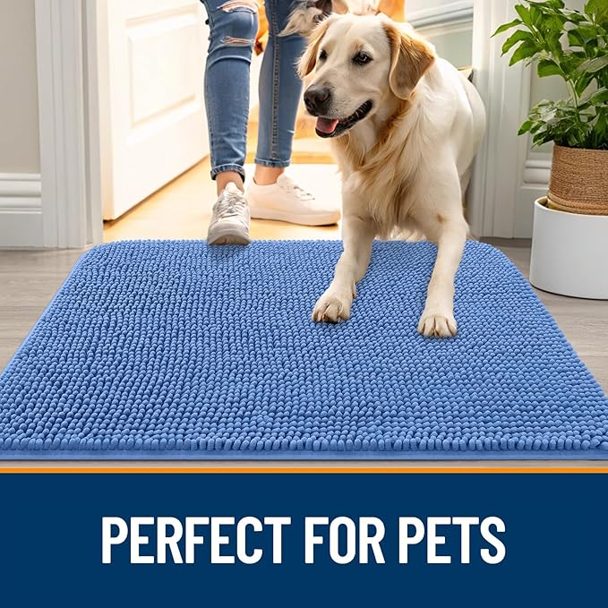 OLANLY Dog Door Mat for Muddy Paws 47x17, Absorbs Moisture and Dirt, Absorbent Non-Slip Washable Doormat, Quick Dry Chenille Mud Mat, Entry Indoor Entryway Carpet for Inside Floor, Cornflower Blue