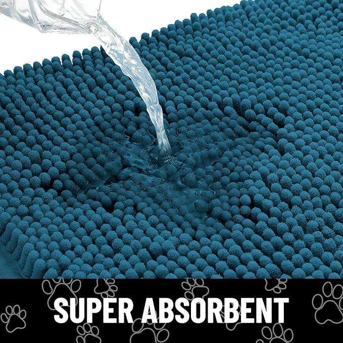 Smiry Dog Door Mat for Muddy Paws, Absorbent Dirt Trapper Non Slip Quick Dry Washable Chenille Mat for Mud Dogs, Entry Rug for Indoor and Outdoor (48x30 Inches, Atlantic Blue and White)