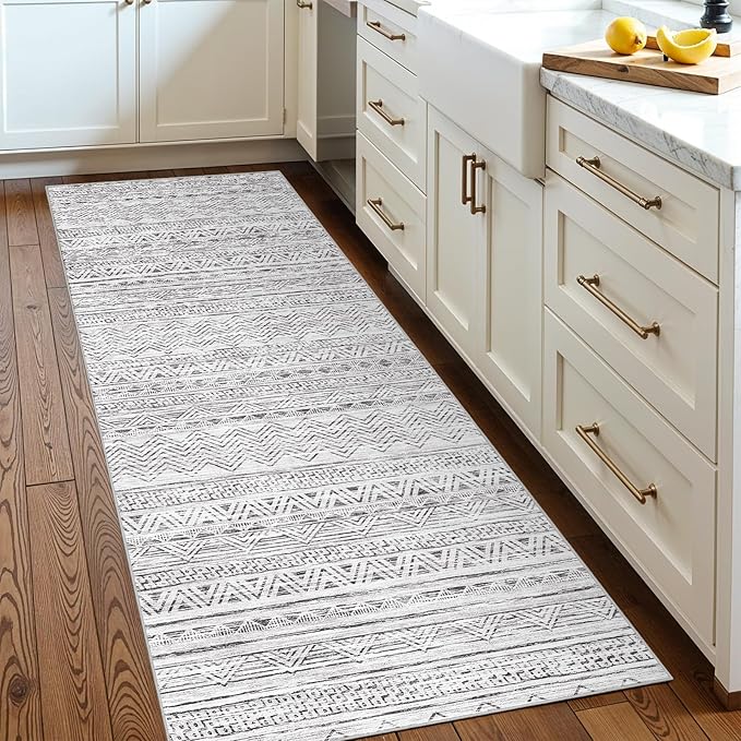 Ksrau 2x5 Hallway Runner Rug - Moroccan Non Slip Long Rug for Entryway Soft Low-Pile Washable Neutral Rugs for Kitchen Small Waterproof Indoor Floor Carpet for Bedroom Bathroom Laundry 2x5 Grey