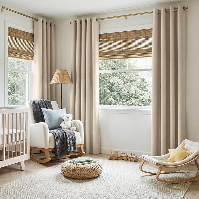 100% Blackout Shield Linen Blackout Curtains for Bedroom, Natural Flax Grommet Curtains for Living Room, Thermal Insulated Room Darkening Drapes for Nursery, Boho Home Decor, 50" W x 96" L, 2 Panels