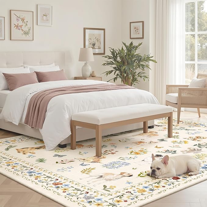 Dog 6x9 Area Rugs for Living Room, Machine Washable Animal Floral Vintage Rug Non-Slip Low Pile Soft Throw Rugs for Bedroom Dining Room Kitchen Nursery Playroom (6 x 9,Beige)