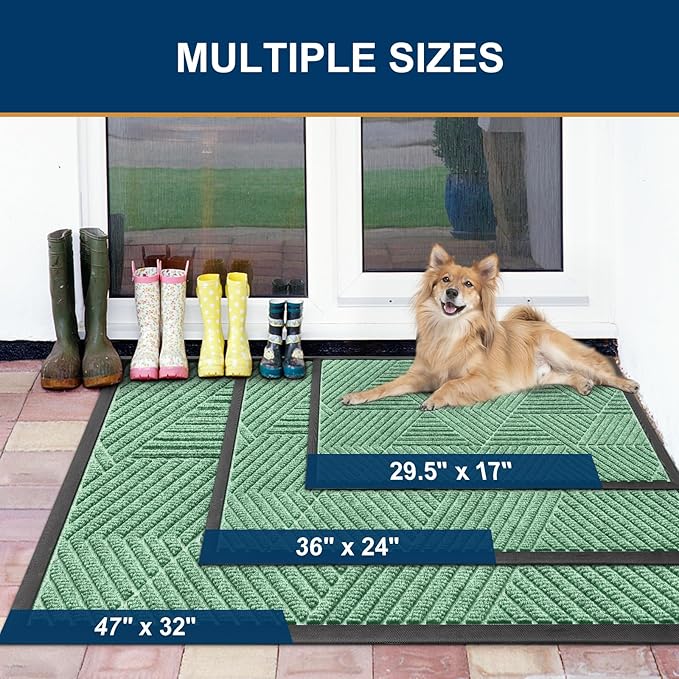 Smiry Front Door Mat Outside Entrance, Heavy Duty Sturdy Natural Rubber Doormat, Trap Dirt and Moisture, Easy Clean Low Profile Welcome Floor Mats for Indoor Outdoor Entry, 35X23 Inch, Mint Green