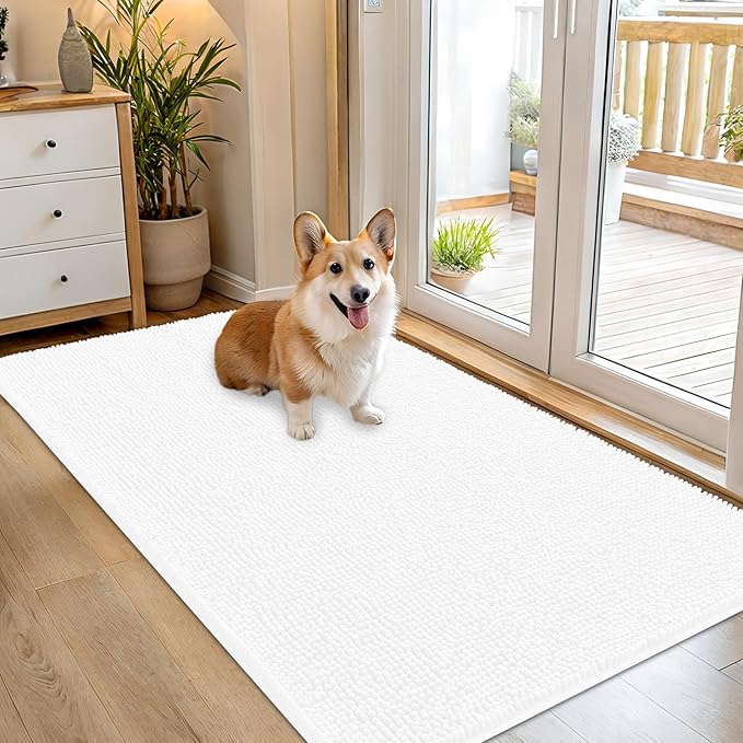 OLANLY Dog Door Mat for Muddy Paws 54x32, Absorbs Moisture and Dirt, Absorbent Non-Slip Washable Doormat, Quick Dry Chenille Mud Mat for Dogs, Entry Indoor Entryway Carpet for Inside Floor, White