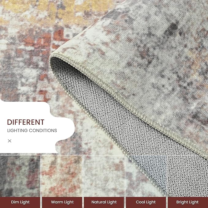 Living Room Rug 9x11 Beige Area Rugs Machine Washable Abstract Boho Large Rug Non-Slip Non-Shedding Faux Wool Indoor Vintage Carpet for Bedroom, Classroom, Dining Room, Kids Playroom