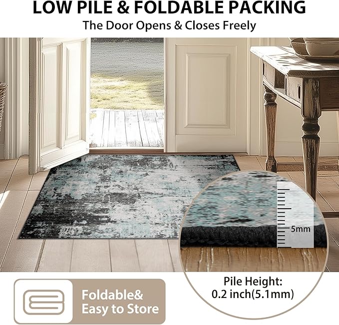 Washable Area Rugs 5'x8' Non-Slip Modern Abstract Soft for Living Room Entryway Bedroom Nursery, Print Pattern, Blue Black Teal