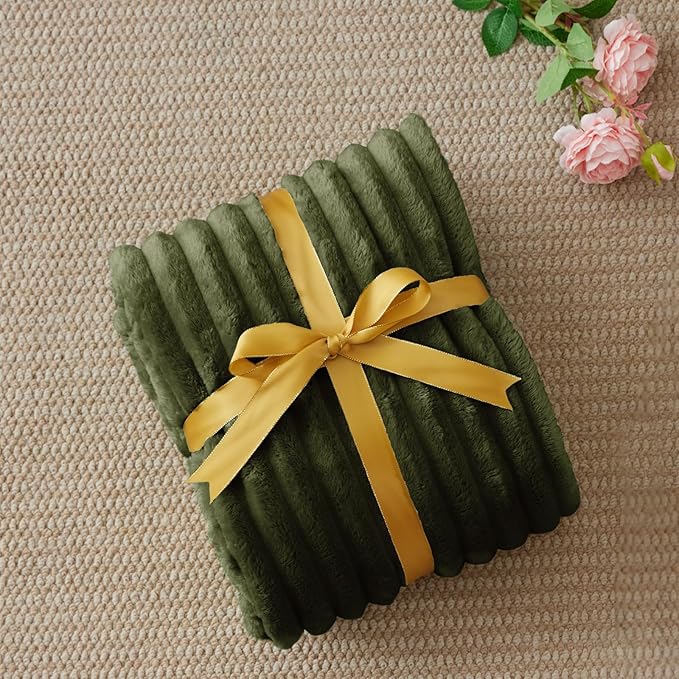 BEDELITE Fleece Throw Blanket for Couch - 300GSM Soft & Warm Fluffy Olive Green Blanket, Decorative and Giftable Striped Blankets for Women, Men, 50"x60"