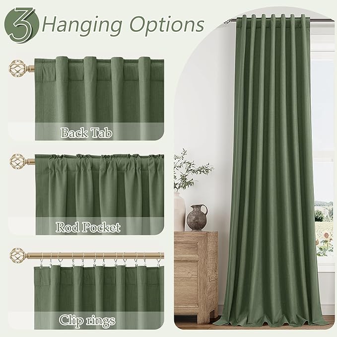 Guken Olive Green 100% Blackout Curtains 72 Inch Length 2 Panels Set for Living Room Bedroom Back Tab Thermal Insulated Black Out Linen Drapes Room Darkening Window Curtains 72 Inches Long
