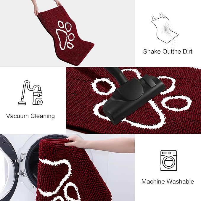 Smiry Dog Door Mat for Muddy Paws, Absorbent Dirt Trapper Non Slip Quick Dry Washable Chenille Mat for Mud Dogs, Entry Rug for Indoor and Outdoor (24x16 Inches, Burgundy and White)