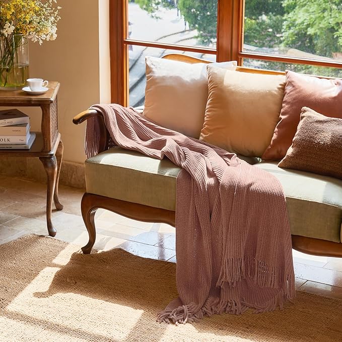 lifein Pink Throw Blanket for Couch, Soft Boho Decor Bed Throw,Cozy Chenille Knitted Small Farmhouse Lightweight Throw (Pink,50 * 60")