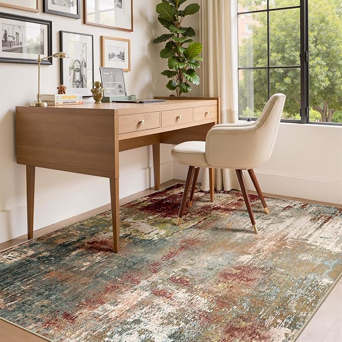 Washable Area Rugs 4'x6' Non-Slip Modern Abstract Soft for Living Room Entryway Bedroom Nursery, Print Pattern, Brown Rust Red Green Blue Multi