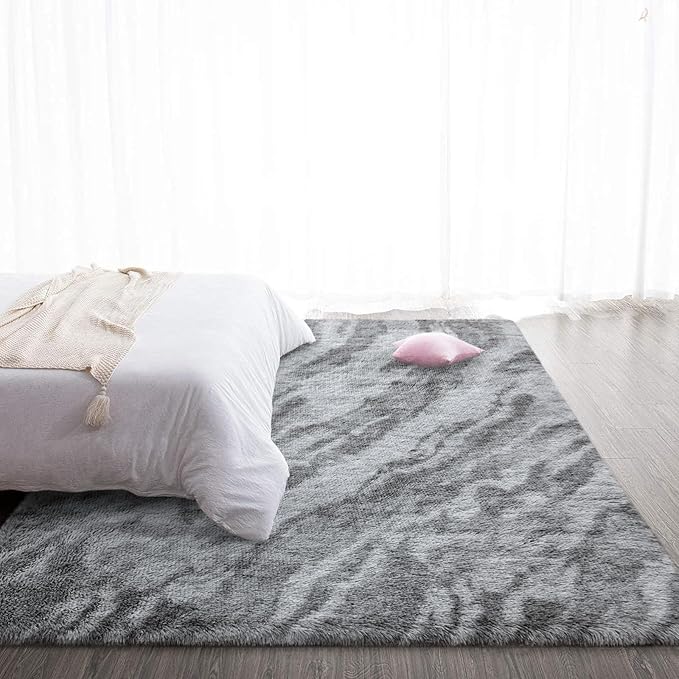 TWINNIS Super Soft Shaggy Rugs Fluffy Carpets, 6x9 Feet, Indoor Modern Plush Area Rugs for Living, Bed Room Kids Room Nursery Home Decor, Upgrade Anti-Skid Rectangular Fuzzy Rug, Grey Black