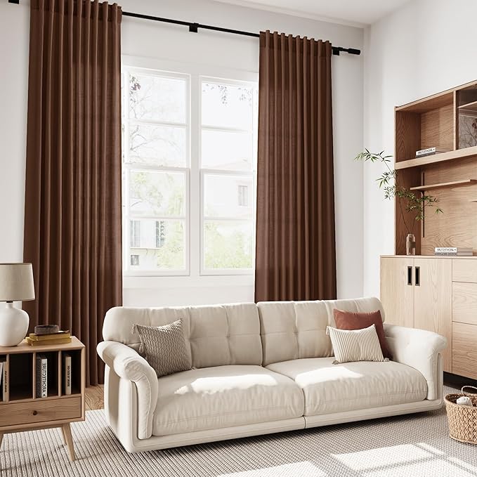 Mocha Brown Linen Curtains Semi Sheer96 Inches 2 Panels for Living Room Back Tab Rod Pocket Light Filtering for Bedroom Dinning Room Vintage Rustic Farmhouse Coastal Decor Protect Privacy 52x96