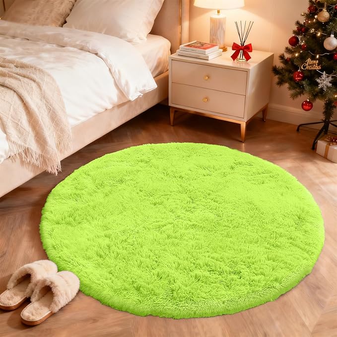 OLANLY Lime Green Round Rugs for Bedroom - Machine Washable, 4 ft Circle Area Rugs for Living Room, Soft and Fluffy Shaggy Carpet for Teen Girl and Boys, Nursery Rooms, Dorms, Home Decor Aesthetic