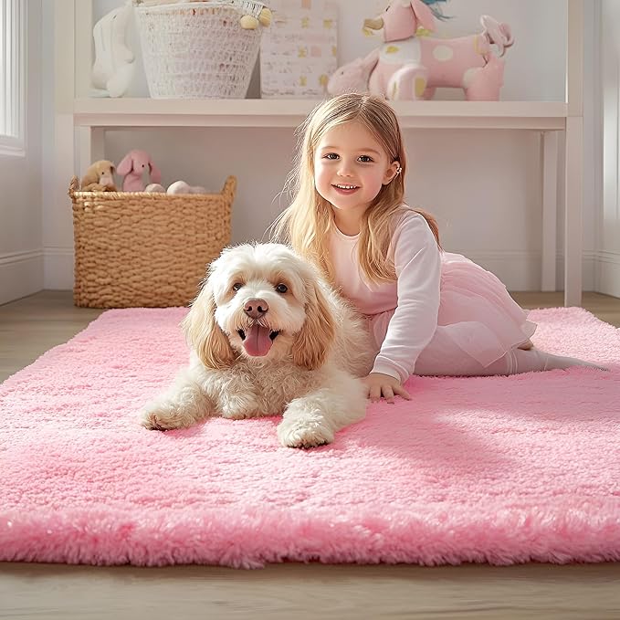 OLANLY 5x7 Machine Washable Large Area Rugs for Living Room, Bedroom, Soft Fluffy Shaggy Bedside Rug, Indoor Floor Carpet for Kids Girls and Boys, Dorms, Nursery, Home Decor Aesthetic, Pink