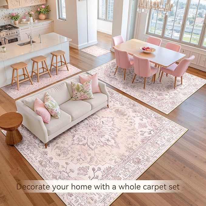 RELEANY Area Rugs 9'x12' Washable Non-Slip, Floral Vintage Distress Print Pattern Medallion Carpet for Living Room Bedroom Dining Room, Pink Greypink Cute