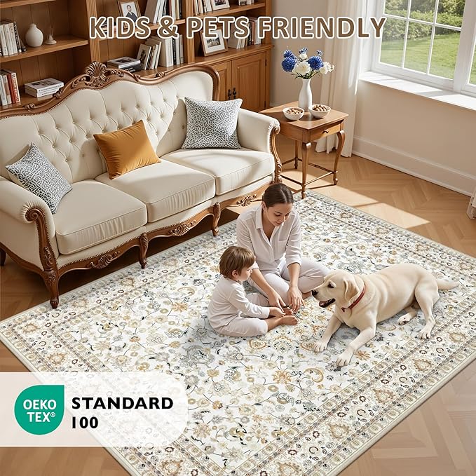 2x3 Area Rugs Living Room Rug: Washable Vintage Boho Rug No Slip Stain Resistant Soft Carpet Indoor Floor Floral Large Carpets for Bedroom Dining Room Farmhouse Nursery Hallway Home Office Beige
