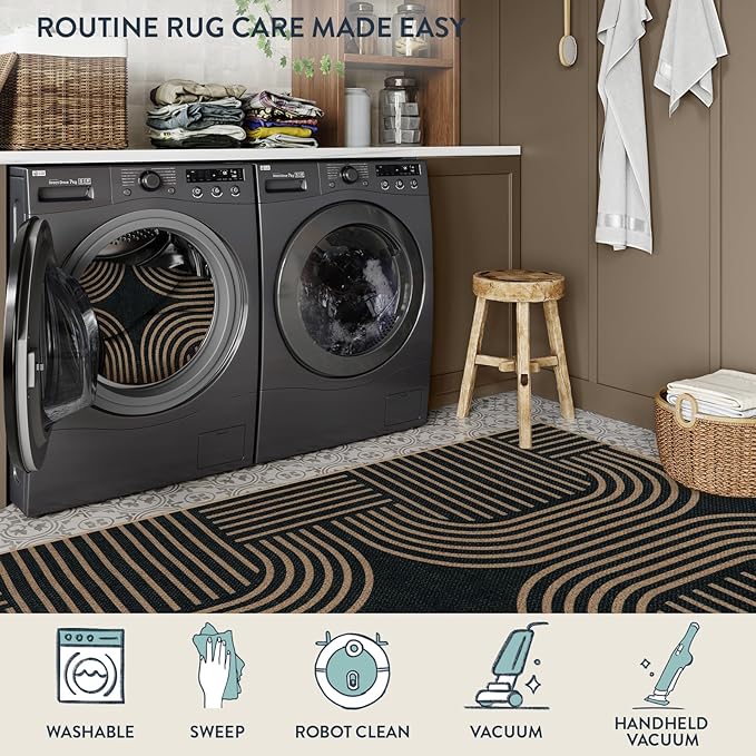 Lahome Enfys Modern Geometric Black Runner Rug, 2x8 Indoor Outdoor Hallway Kitchen Runner Rug with Rubber Backing, Farmhouse Washable Non Slip Non Shedding Floor Carpet for Bedroom Entry Patio