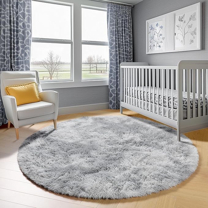 ONASAR Round Rugs 5ft for Bedroom Living Room, Fluffy Tie-Dyed Light Grey Circle Area Rug for Kids Girls Boys Teen, Soft Plush Shaggy Carpet for Nursery Dorm Classroom Playroom Home Decor Aesthetic